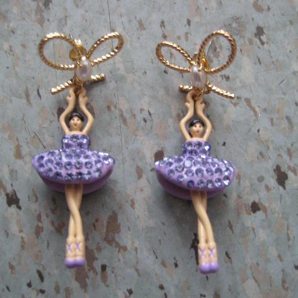 Les Nereides ballerina with tutu paved with Purple Stud earrings